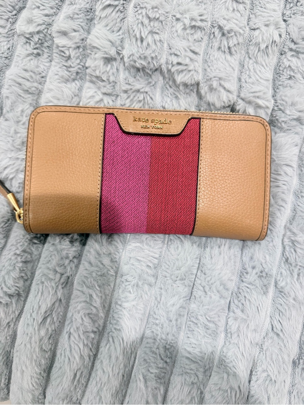 kate spade tan wallet with pink and magenta center stripe